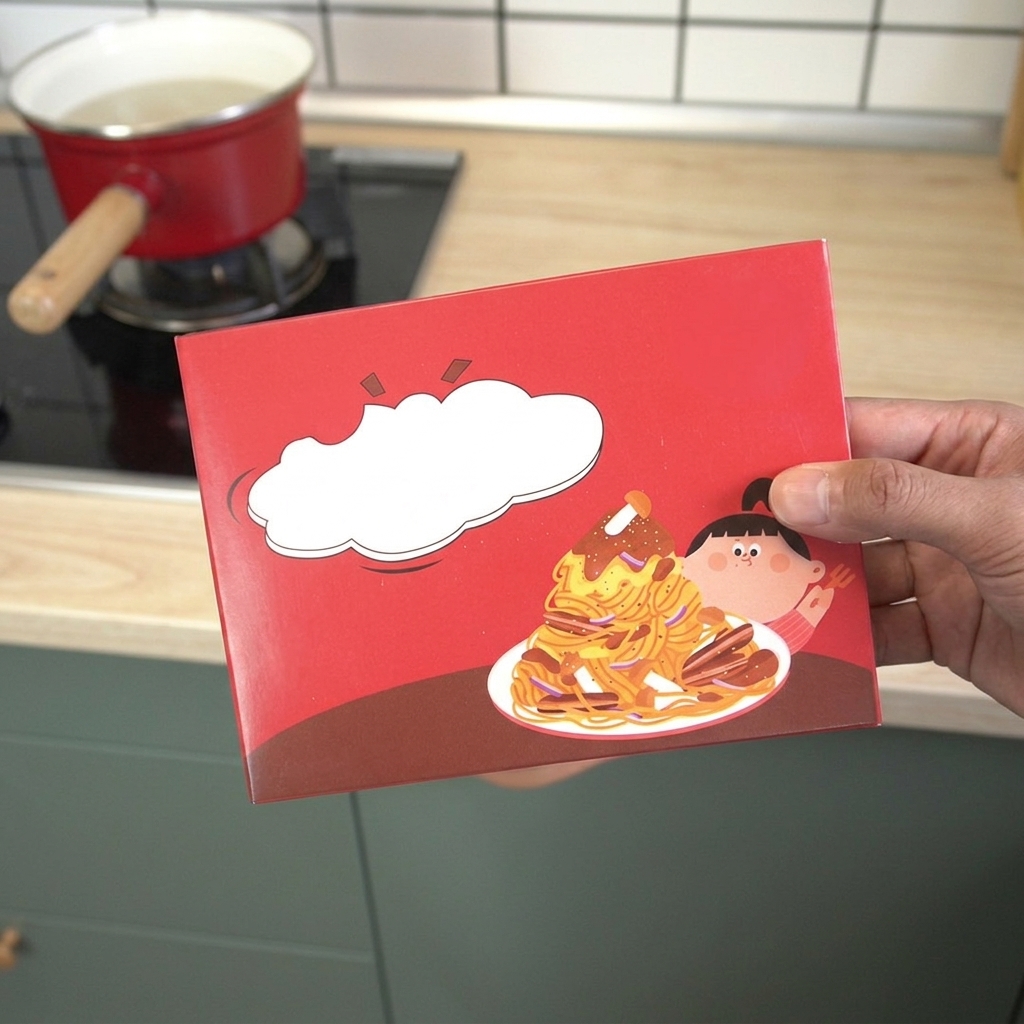 Eine Hand hält eine rote Packung mit Spaghetti und Rindfleisch-Pfeffer-Sauce vor einer Küchenzeile.