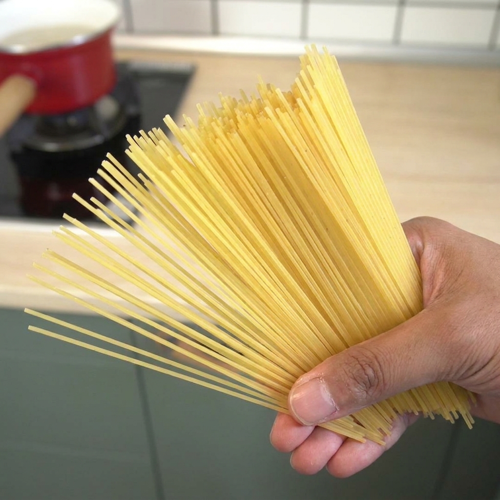 Eine Hand gibt ein Bündel trockene Spaghetti in einen roten Topf mit kochendem Wasser.
