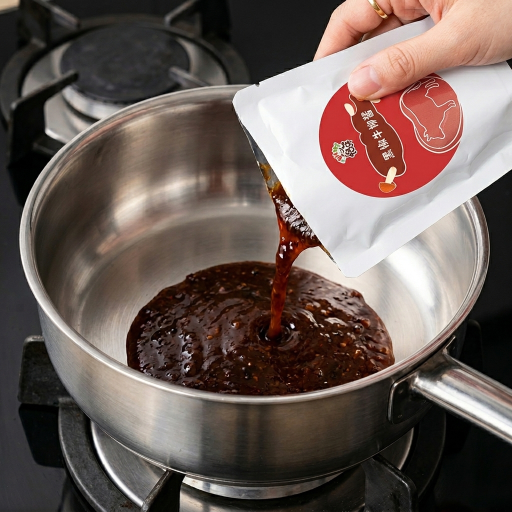 Dunkle, dickflüssige Rindfleisch-Pfeffer-Sauce wird aus einem weißen Beutel in eine Edelstahlpfanne gegossen.