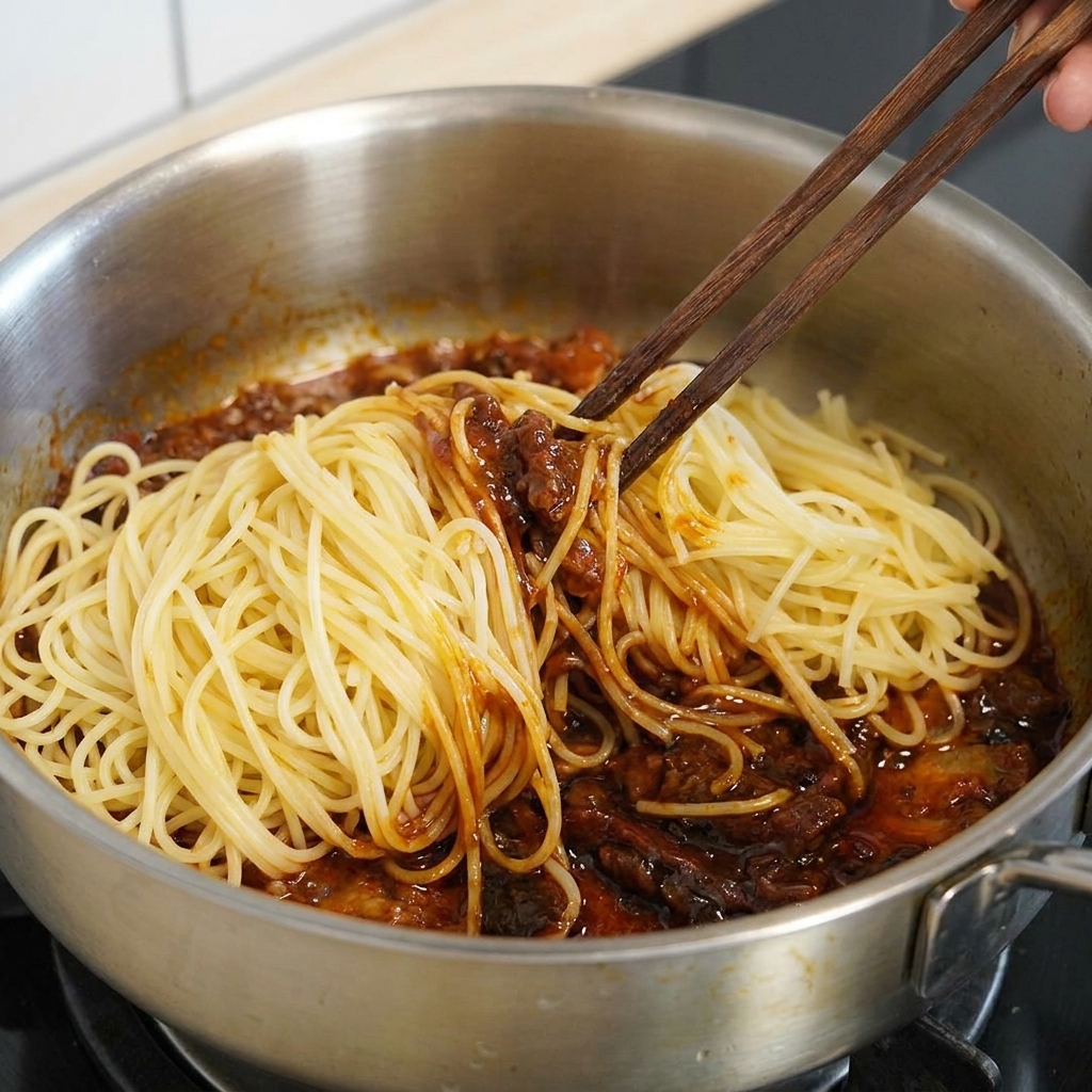 Holzstäbchen vermengen heiße Spaghetti und dunkle Fleischsauce in einer Pfanne.