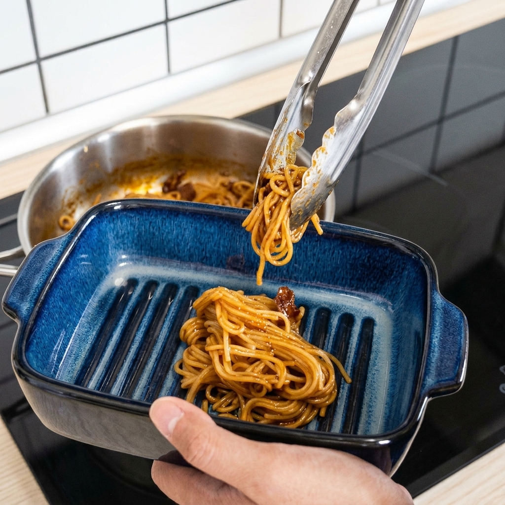 Eine Metallzange füllt die Spaghetti in eine dunkelblaue keramische Auflaufform.