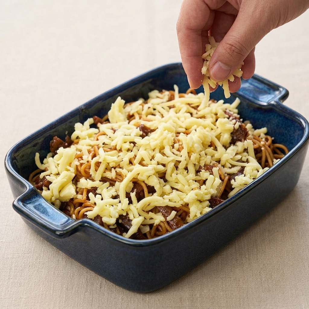 Eine Hand streut hellgelben geriebenen Käse über die Spaghetti in der blauen Form.