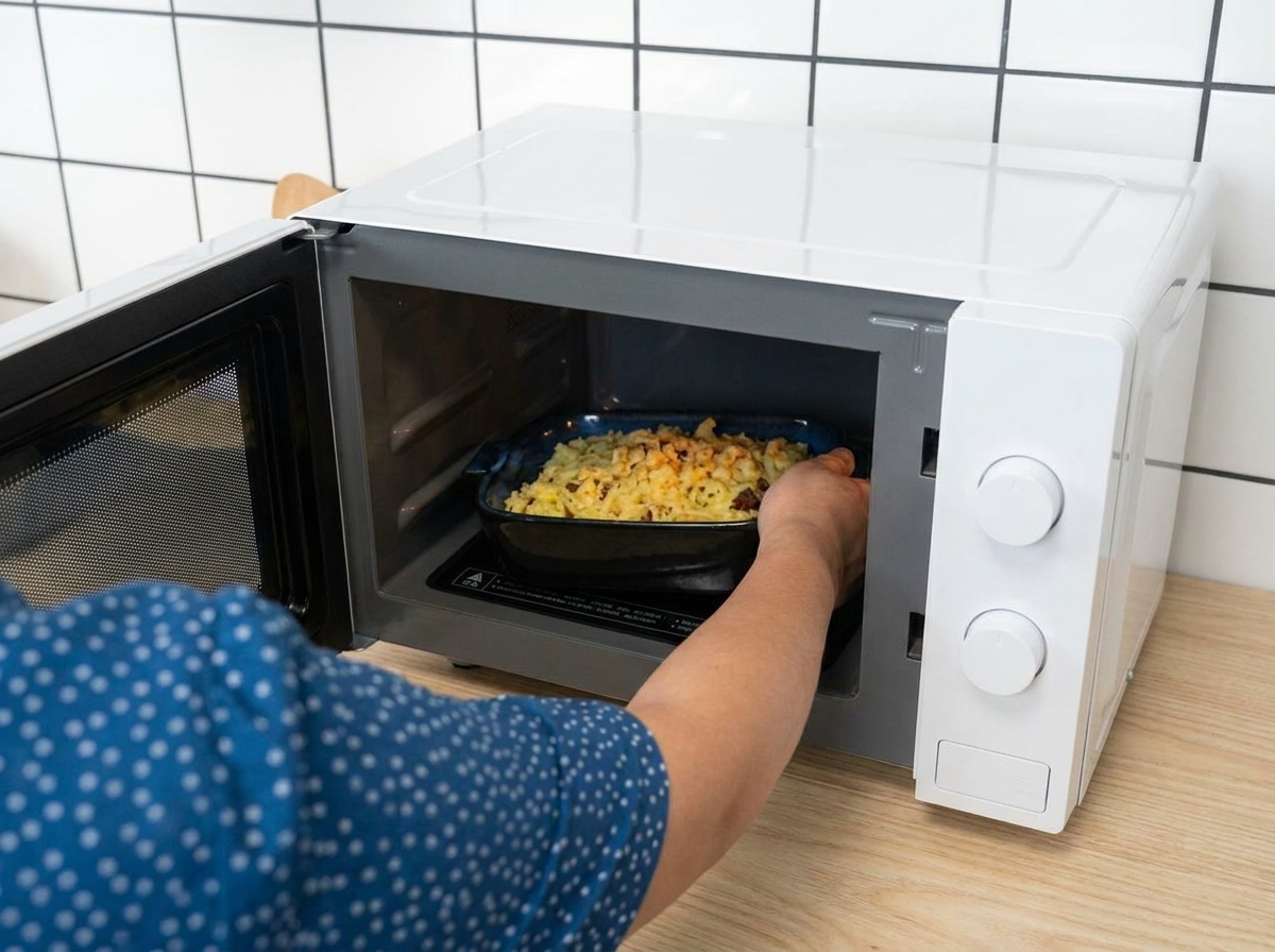 Eine Person stellt die Auflaufform mit Käse-Spaghetti in eine offene weiße Mikrowelle.
