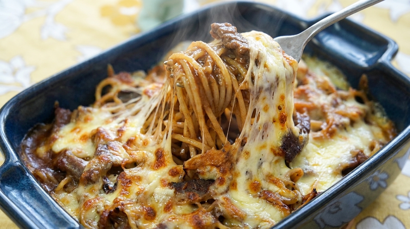 Eine gabelvoll Spaghetti mit Rindfleisch und schwarzem Pfeffer mit perfekt geschmolzenem, fädenziehendem Mozzarella.
