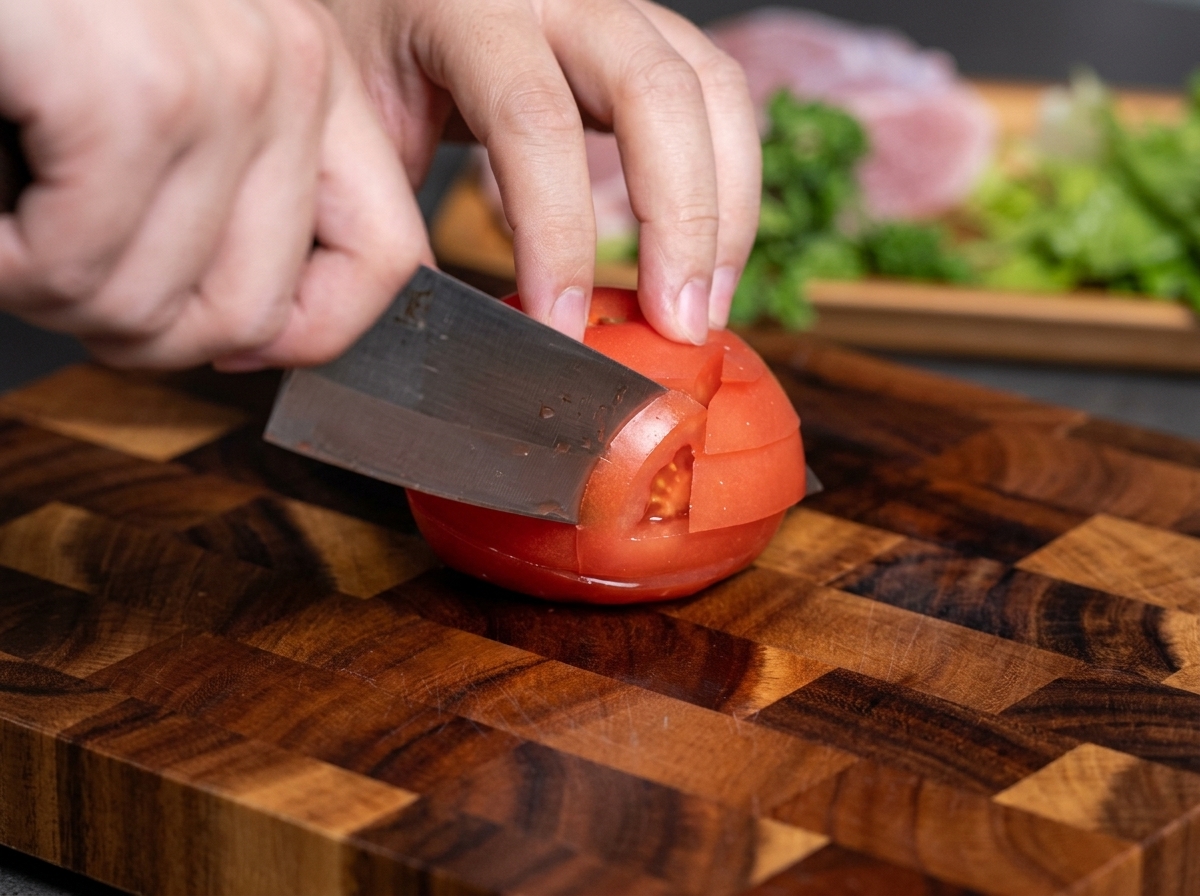 Hände schneiden eine frische rote Tomate mit einem Messer in gleichmäßige Würfel auf einem Holzbrett.