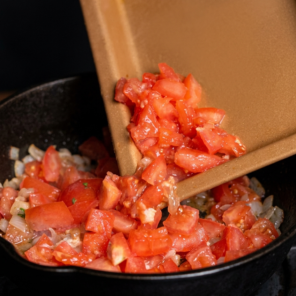 Frische Tomatenwürfel werden in die heiße Pfanne zu Fleisch und Zwiebeln gegeben.