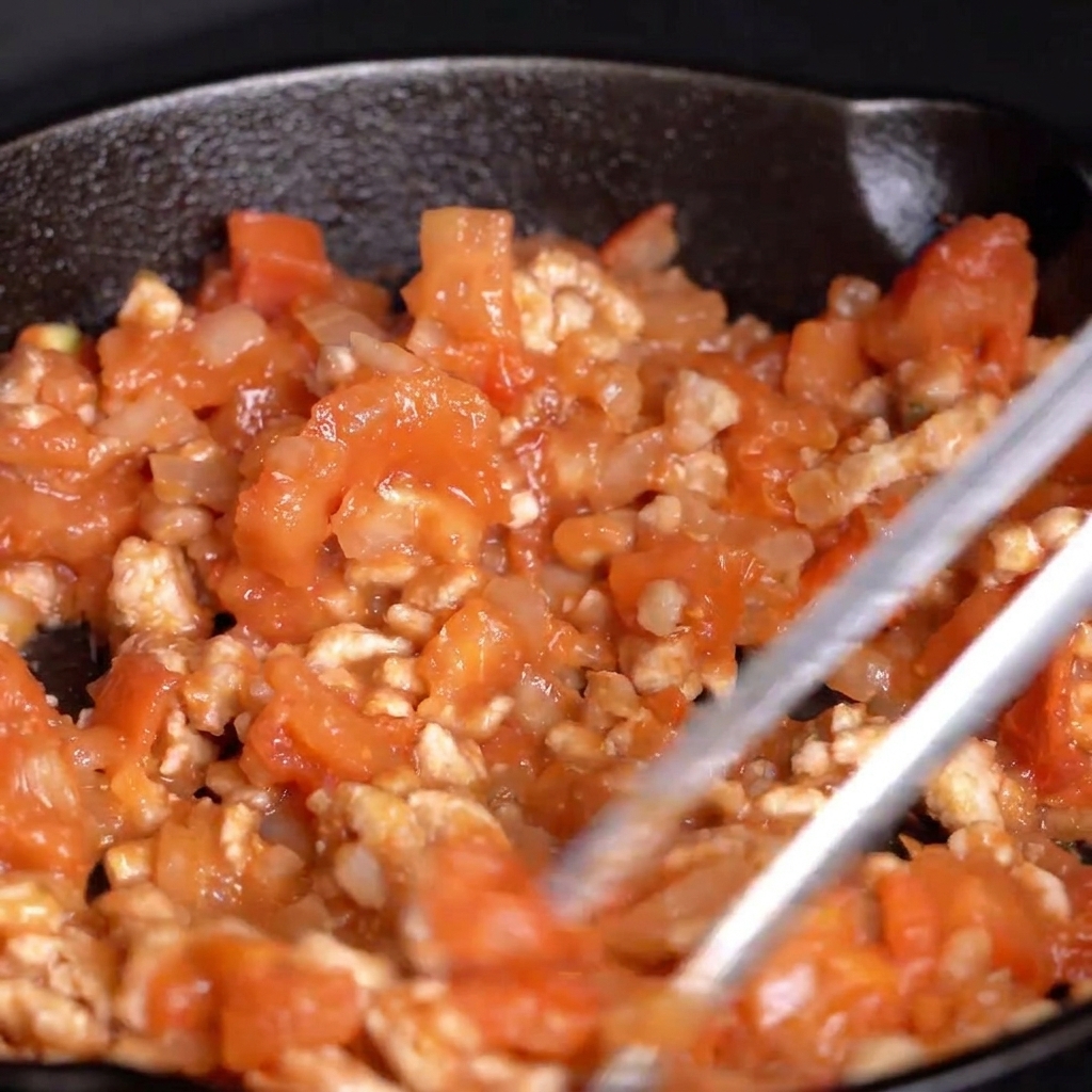 Eine Mischung aus Tomaten, Zwiebeln und Fleisch köchelt in der Pfanne und wird umgerührt.