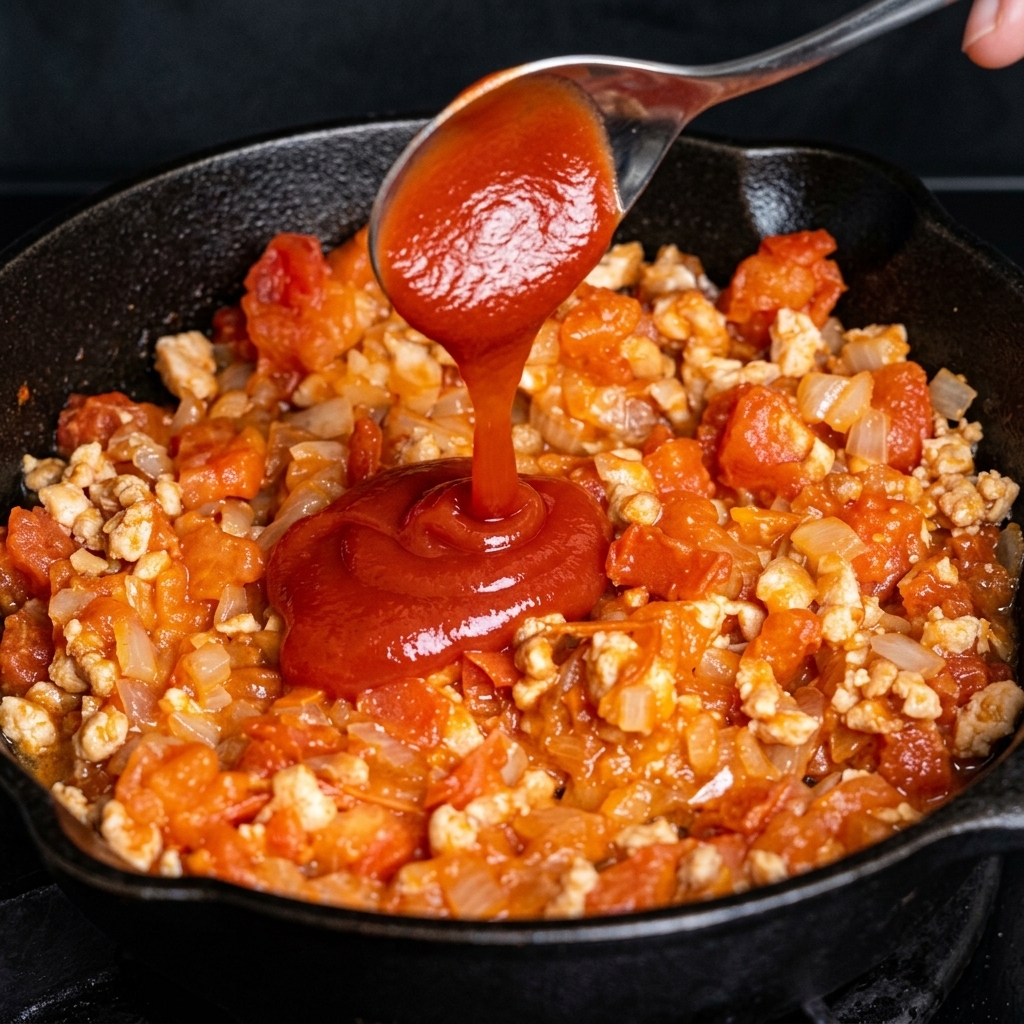 Ein Löffel roter Ketchup wird in die köchelnde Tomaten-Fleisch-Sauce gegeben.