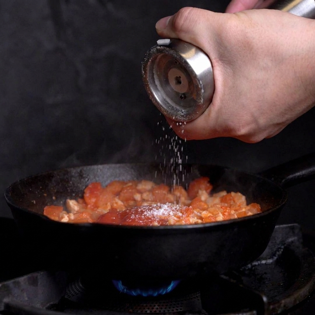 Salz und schwarzer Pfeffer werden über die köchelnde Pfanne mit Fleischsauce gestreut.