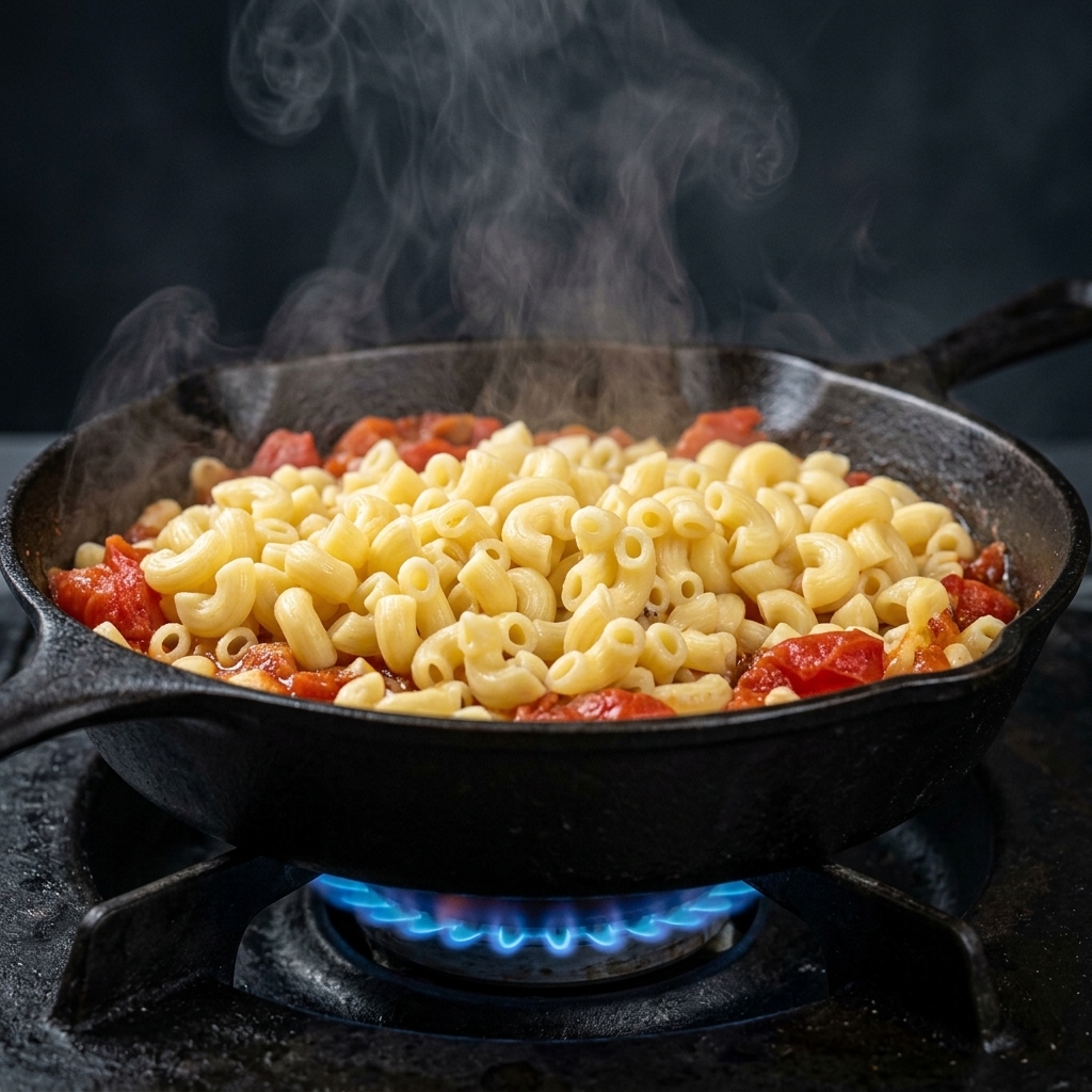 Dampfende Nudeln werden über die Fleischsauce in der gusseisernen Pfanne gegeben.