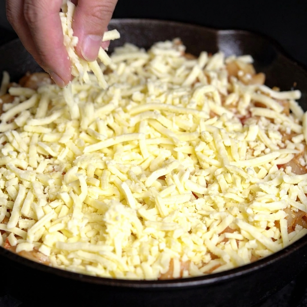 Eine Hand verteilt eine dicke Schicht geriebenen Mozzarella über die Pasta in der Pfanne.
