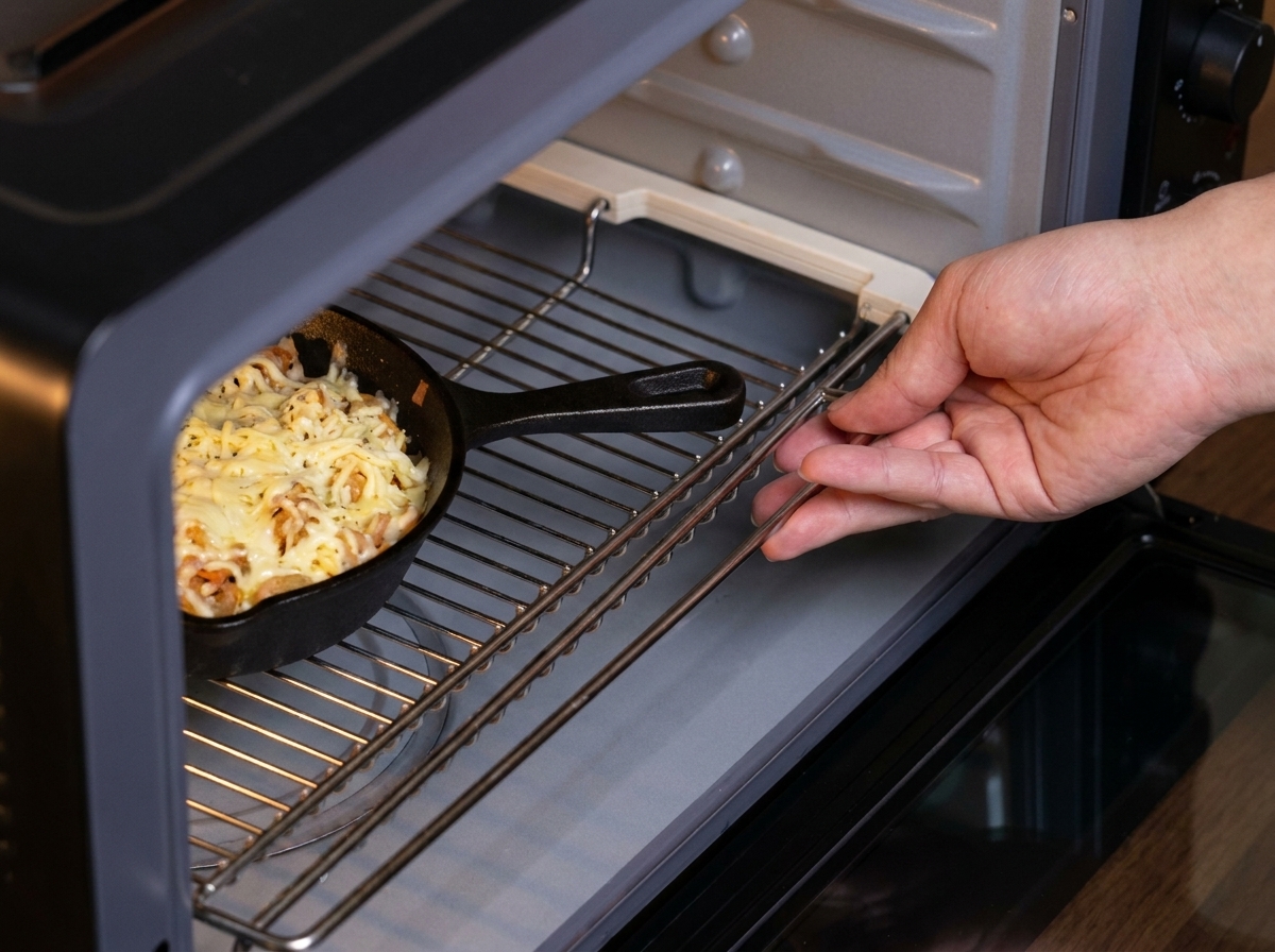Eine Pfanne mit überbackener Pasta wird in einen vorgeheizten Backofen geschoben.