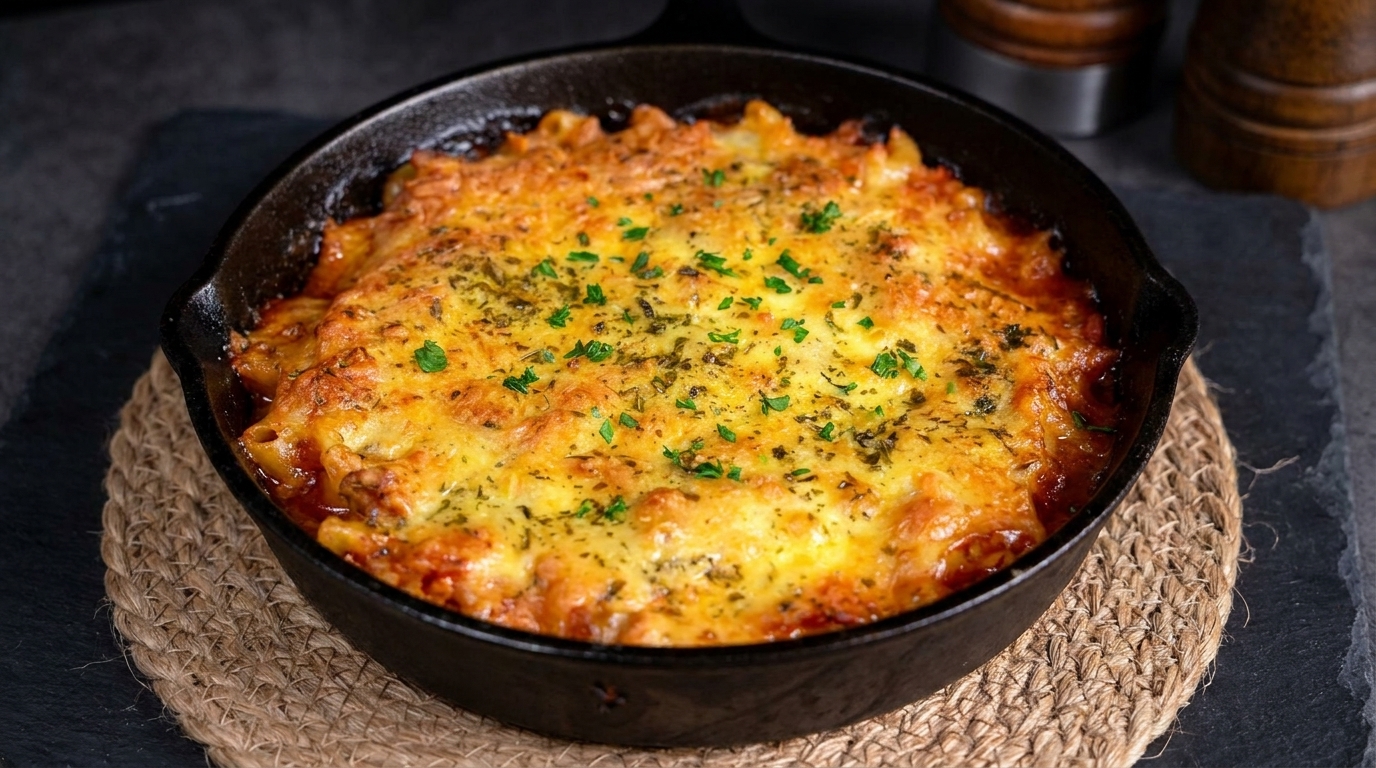 Überbackene Pasta mit herzhafter Tomaten-Fleisch-Sauce
