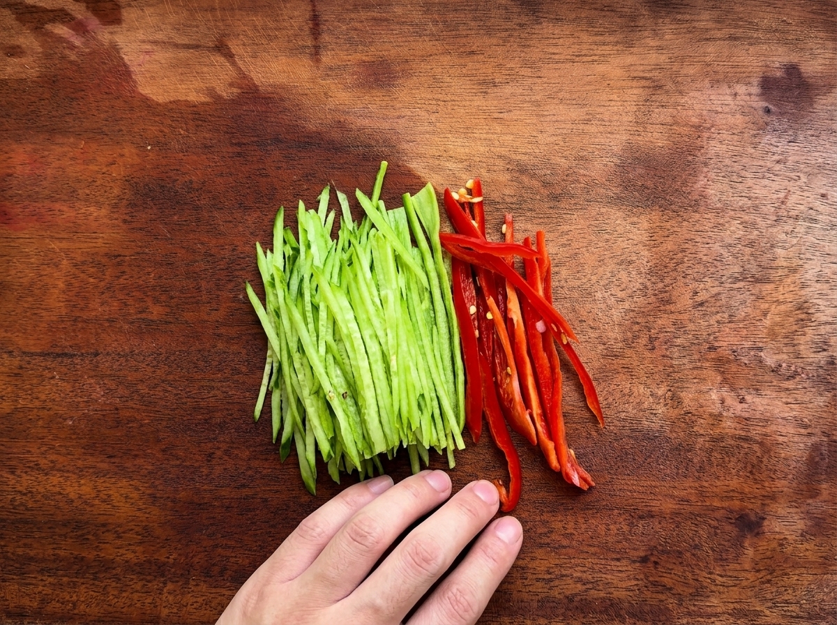 In Streifen geschnittene rote und grüne Paprika liegen auf einem Holzschneidebrett.