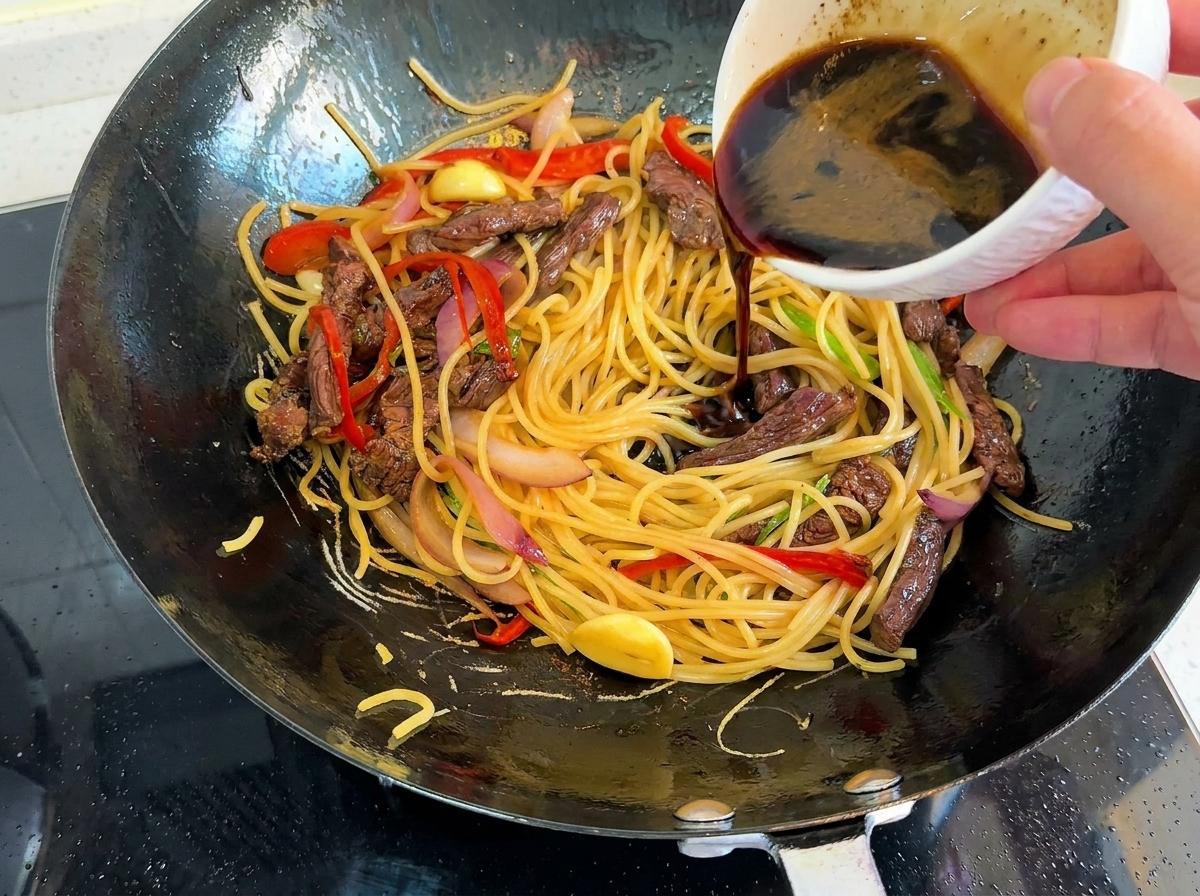 Dunkle Würzsauce wird über die Spaghetti und das Fleisch im Wok gegossen.