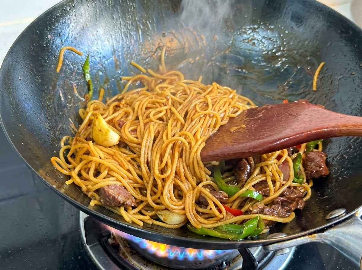 Ein Pfannenwender mischt Nudeln, Fleisch und Gemüse, während die Sauce eindickt und glänzt.