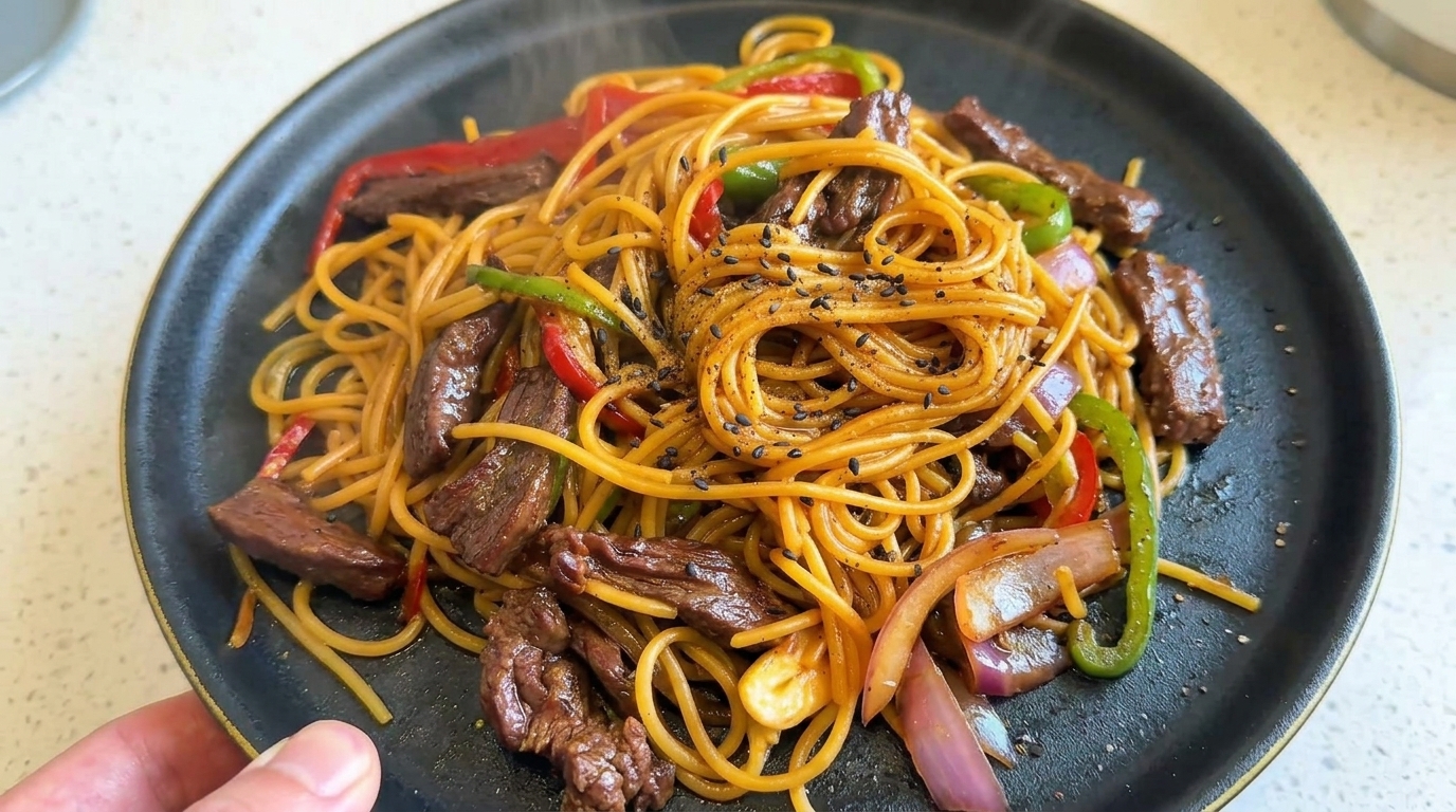 Herzhafte Black Pepper Beef Spaghetti