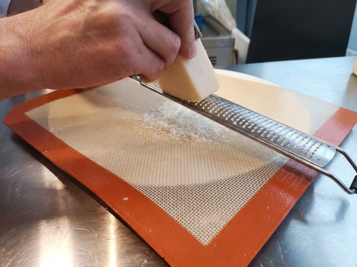Hände nutzen eine Palette, um den geriebenen Parmesan auf einer Silikonmatte mit orangefarbenem Rand zu einem Rechteck zu schieben.