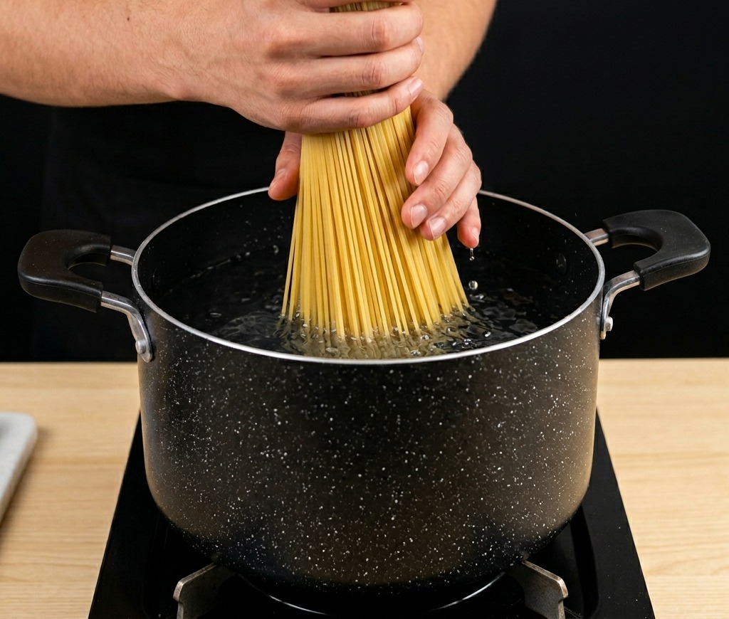 Hände halten ein Bündel Spaghetti senkrecht über einen Topf mit kochendem Wasser.