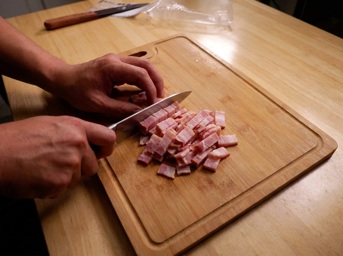 Ein Messer schneidet ein dickes Stück Speck auf einem Holzbrett in gleichmäßige Würfel.