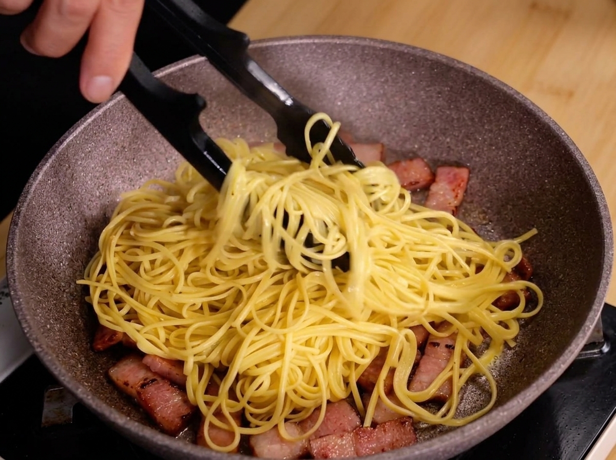 Eine Küchenzange mischt die heißen Spaghetti in der Pfanne mit dem gebratenen Speck.