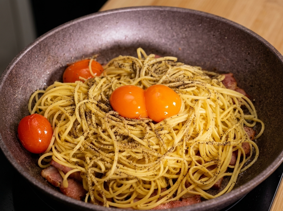 Zwei leuchtend orangefarbene Eigelbe liegen auf den gewürzten Spaghetti in der Pfanne.