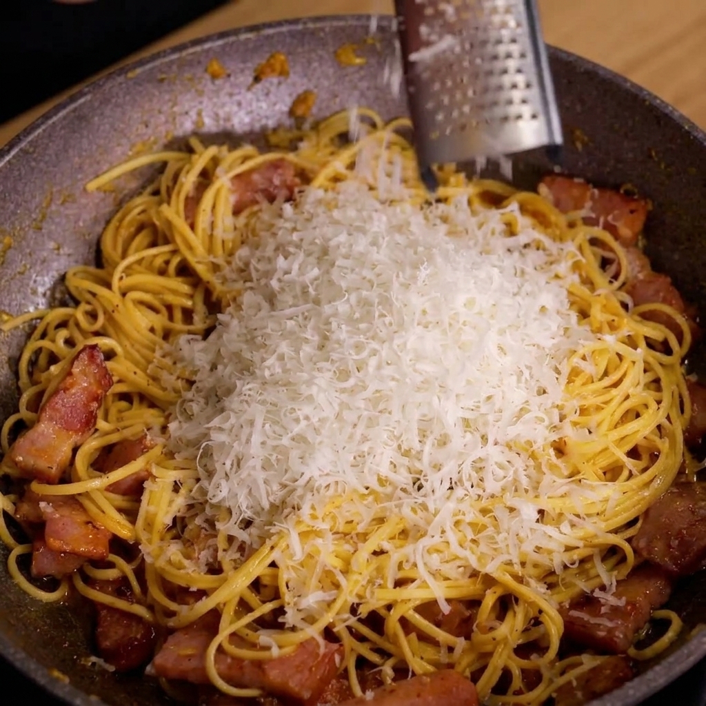 Eine Reibe verteilt feine Parmesanspäne über die Pasta in der Pfanne.