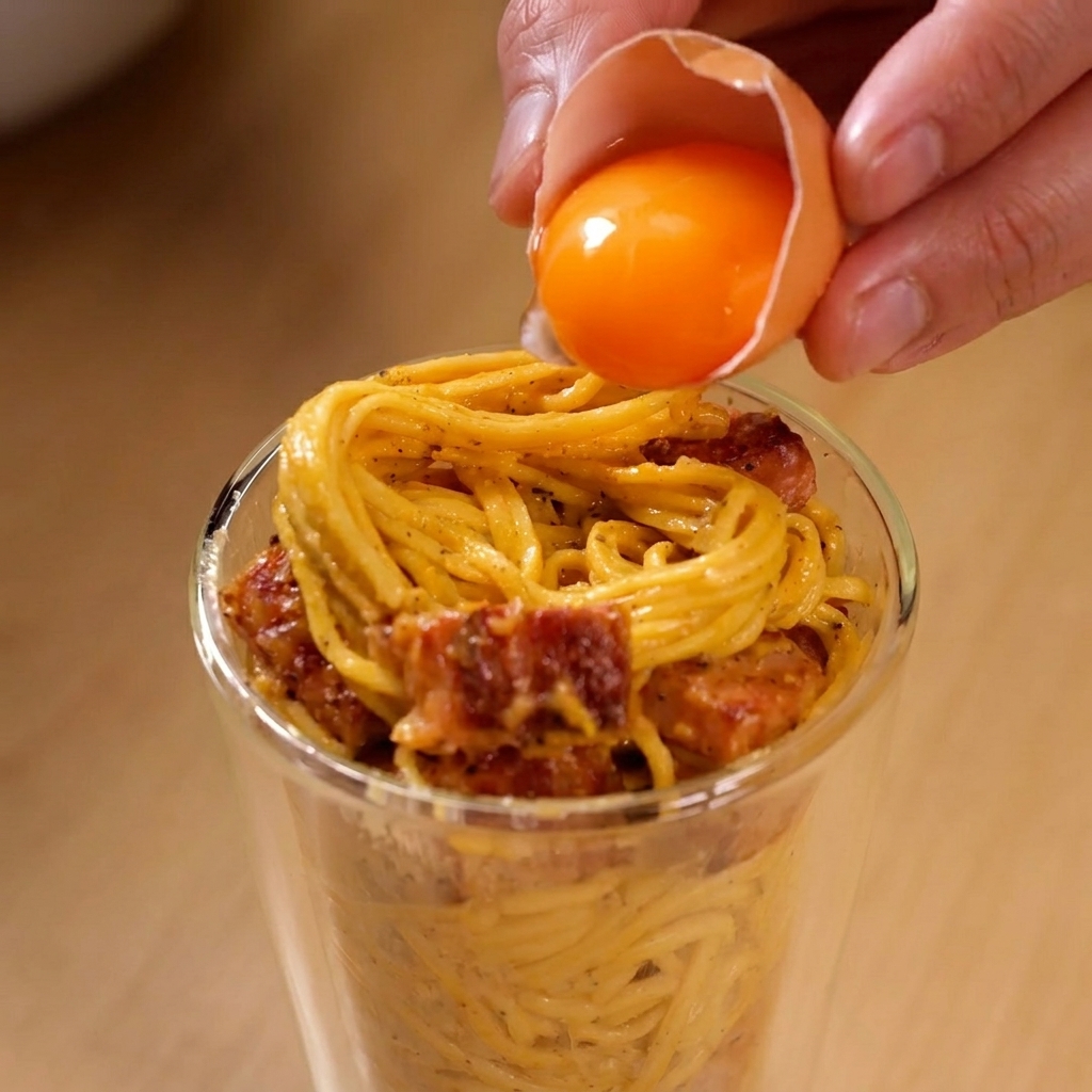 Ein frisches Eigelb wird vorsichtig auf die Pasta im Glas platziert.
