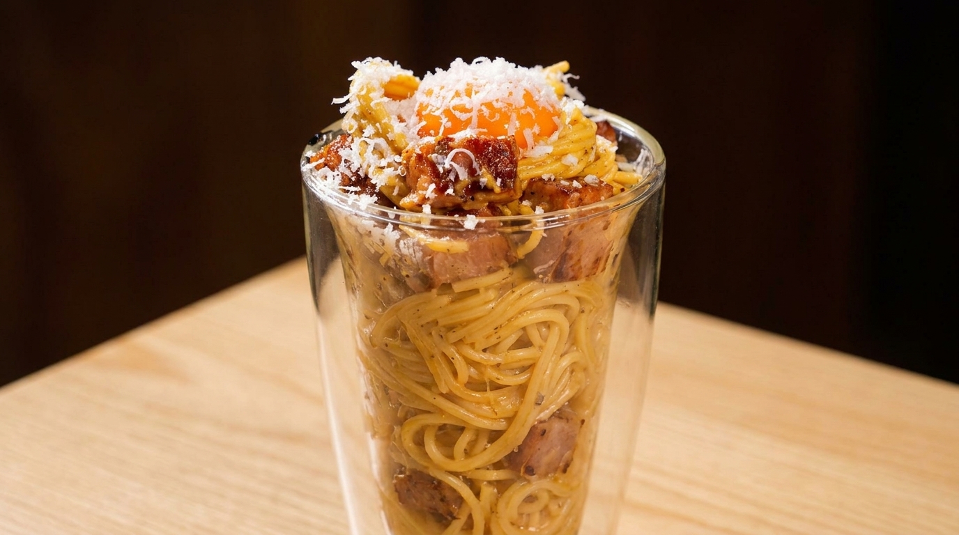 Glas-Carbonara: Cremige Spaghetti mit Parmesan-Finish
