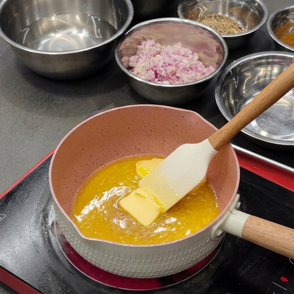 Ein Stück gelbe Butter schmilzt in einem rosa Topf und wird mit einem Teigschaber gerührt.
