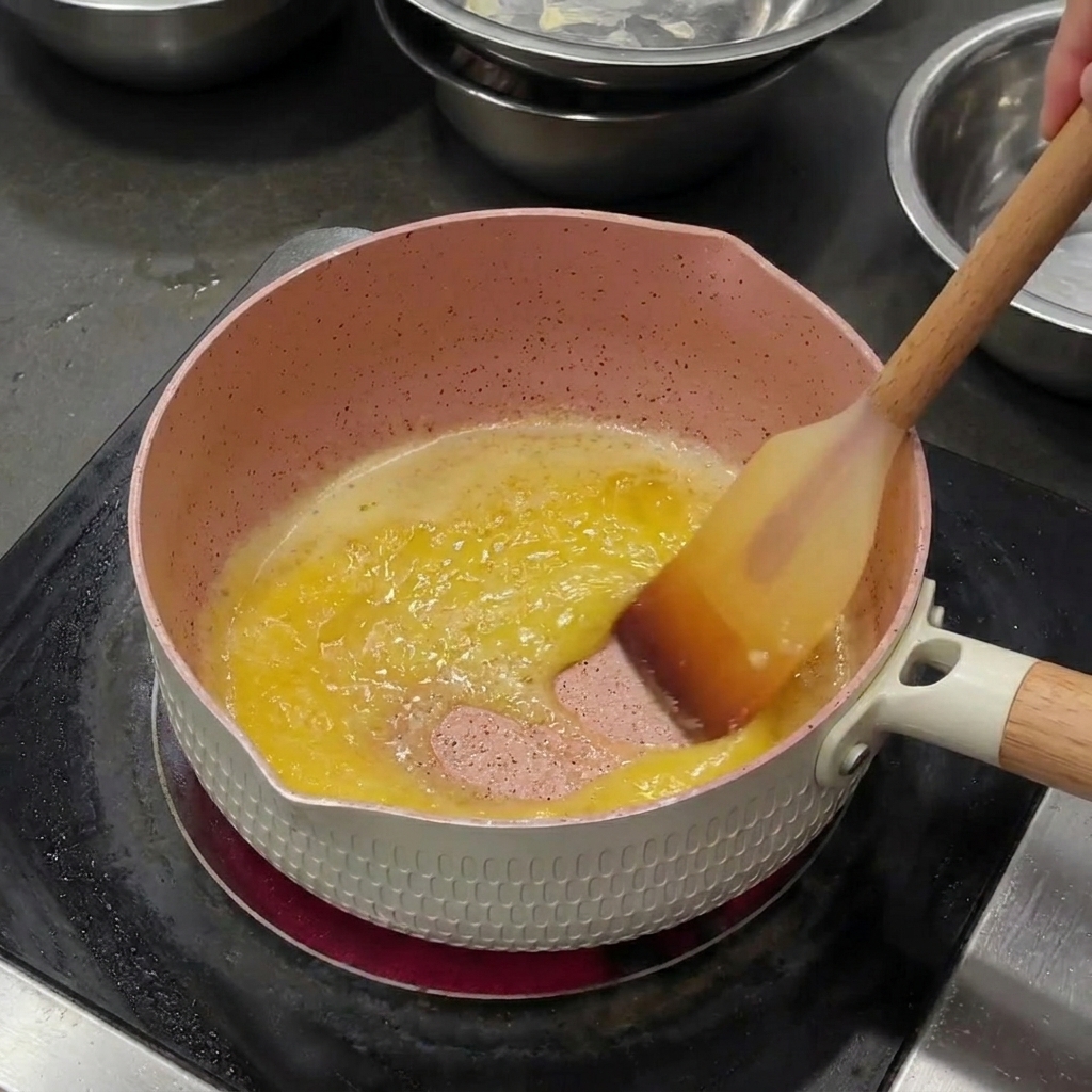 Geschmolzene, leicht sprudelnde Butter wird in einem Topf mit einem Spatel umgerührt.