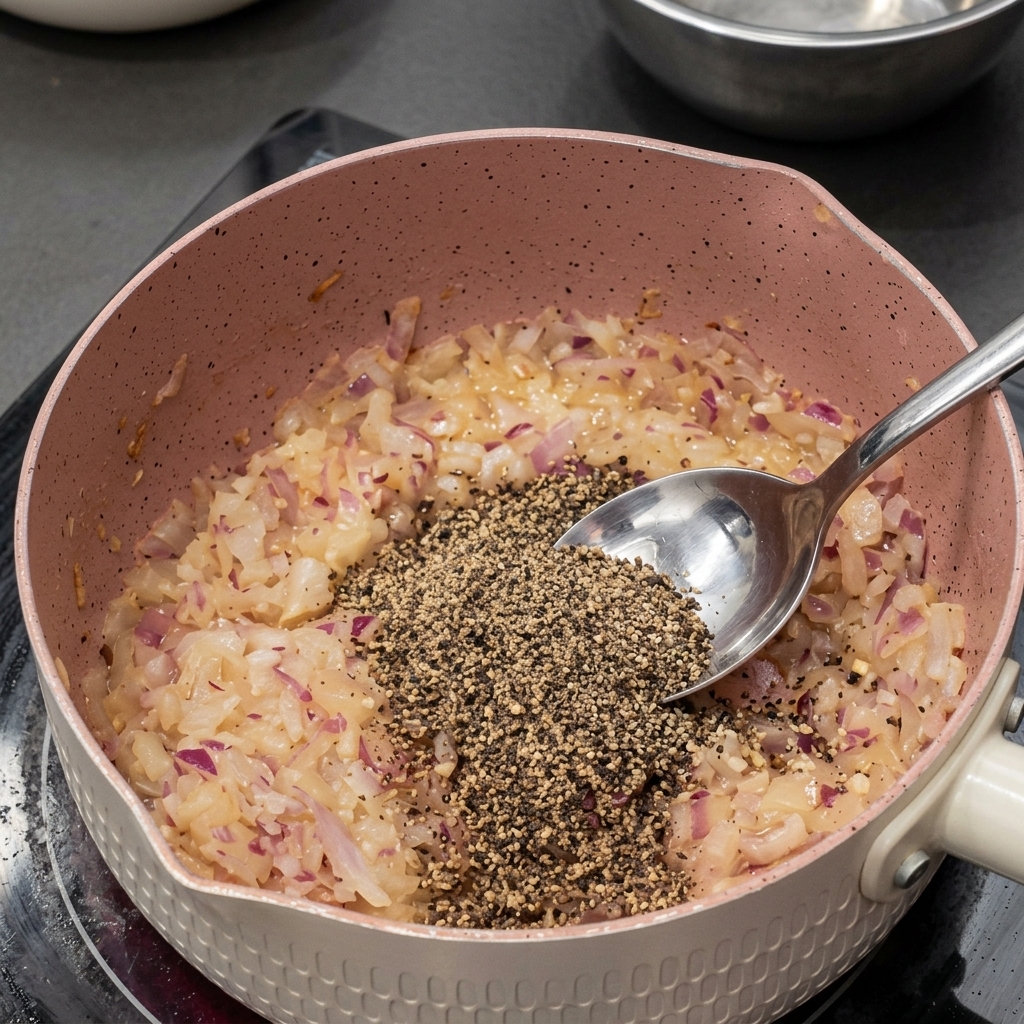 Ein großer Löffel grob gemahlener schwarzer Pfeffer wird zur Zwiebel-Knoblauch-Mischung gegeben.