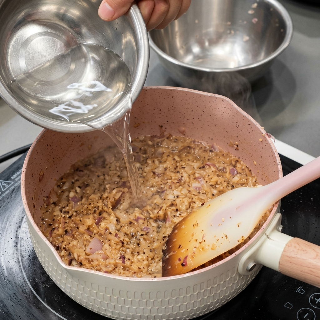 Eine klare Flüssigkeit wird zu der dunklen Zwiebel-Pfeffer-Mischung in den Topf gegossen.