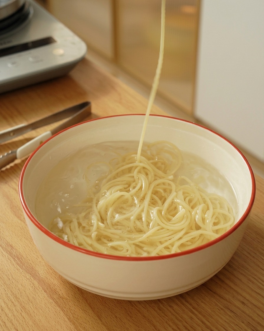 Gekochte Spaghetti werden aus einer Schüssel mit kaltem Wasser gehoben.