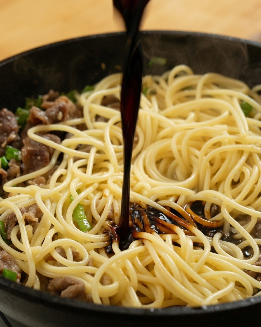 Dunkle Sauce wird über die Spaghetti und das Fleisch in der heißen Pfanne gegossen.