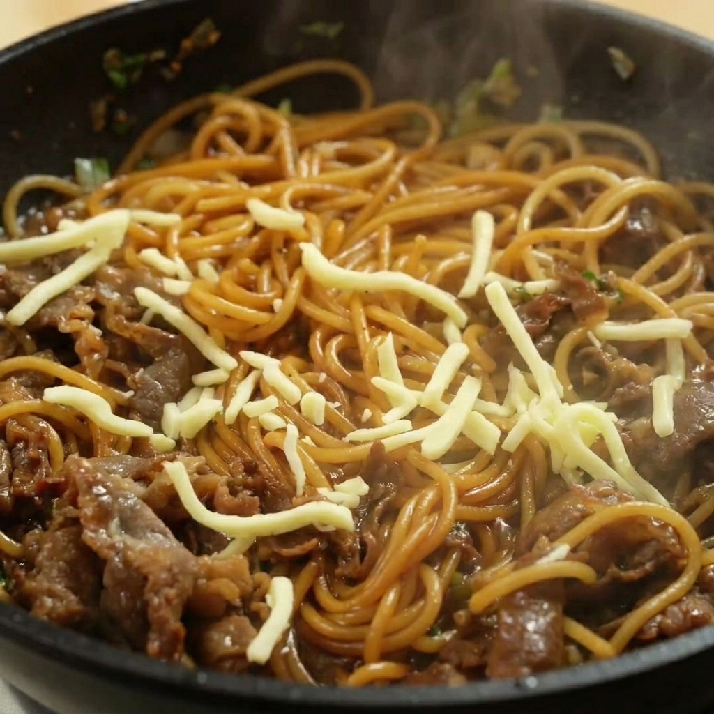 Geriebener Mozzarella schmilzt über den heißen Rindfleisch-Spaghetti in der Pfanne.
