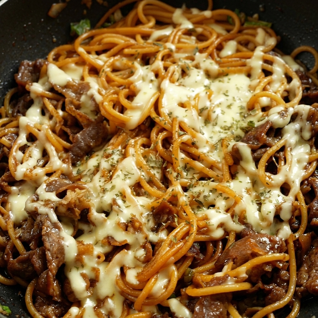 Geschmolzener Mozzarella auf Spaghetti, garniert mit getrockneter Petersilie.