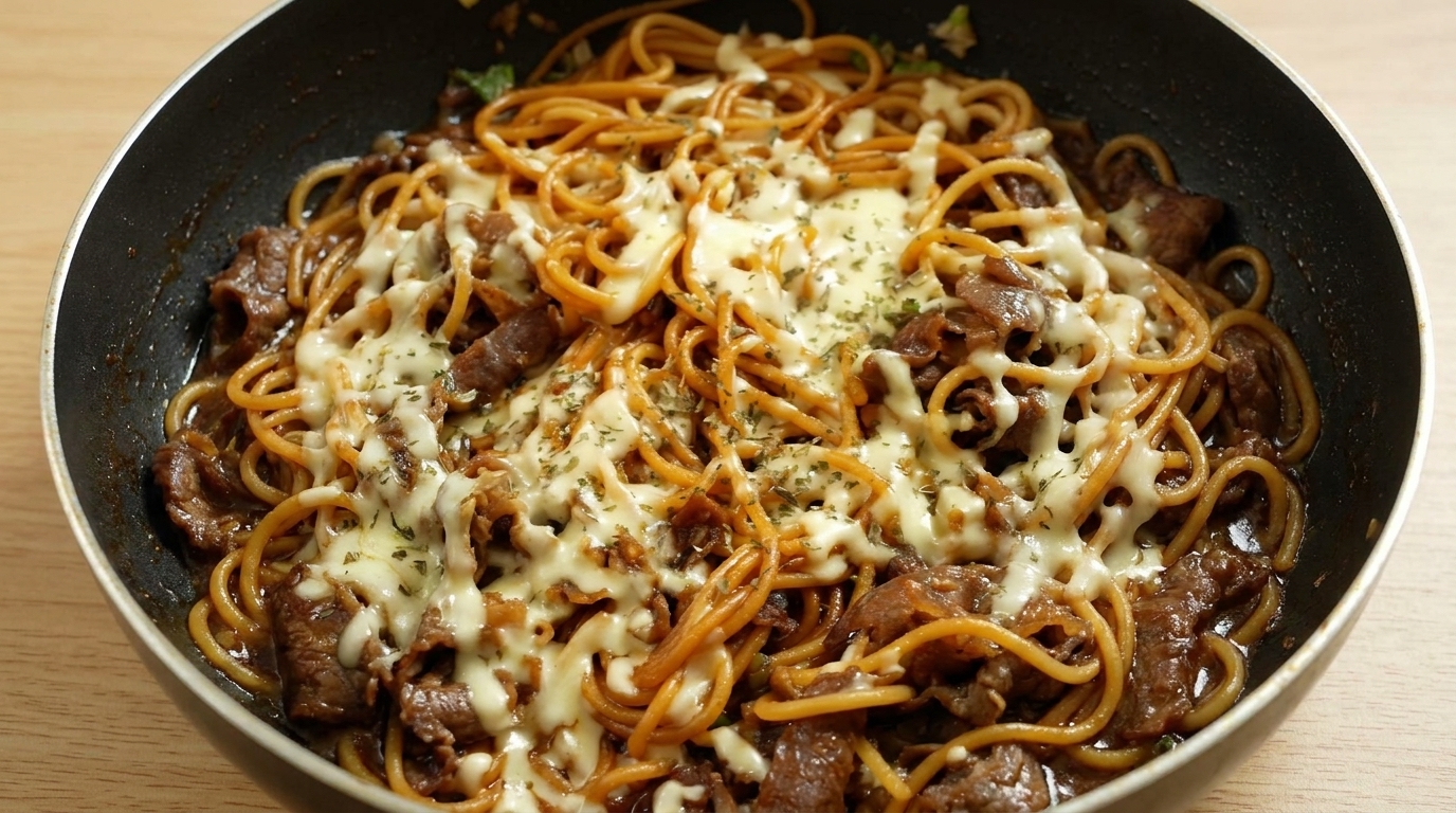 Eine heiße Pfanne mit gebratenen Rindfleisch-Spaghetti, überzogen mit geschmolzenem Mozzarella und Kräutern.