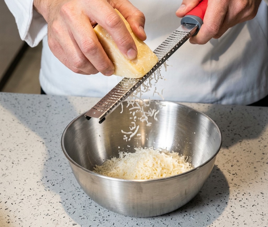 Ein Stück Parmesan wird mit einer feinen Reibe direkt in eine Edelstahlschüssel gerieben.