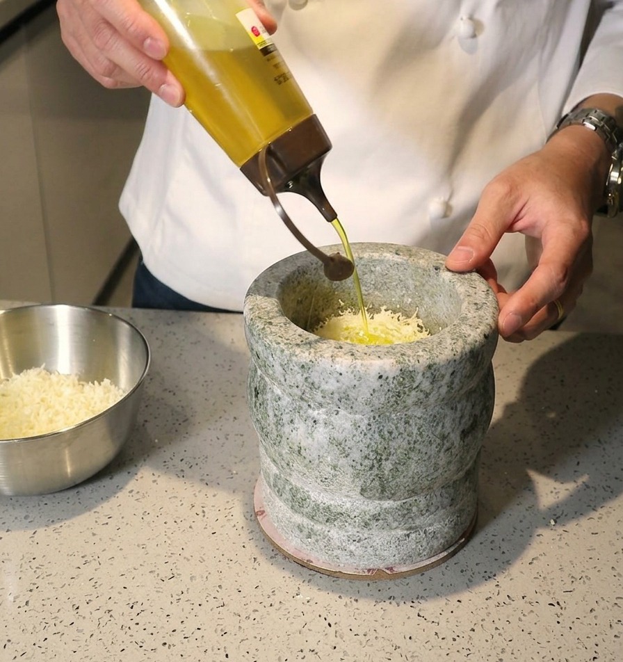 Olivenöl wird aus einer Spenderflasche in den mit Kräutern und Käse gefüllten Steinmörser gegossen.
