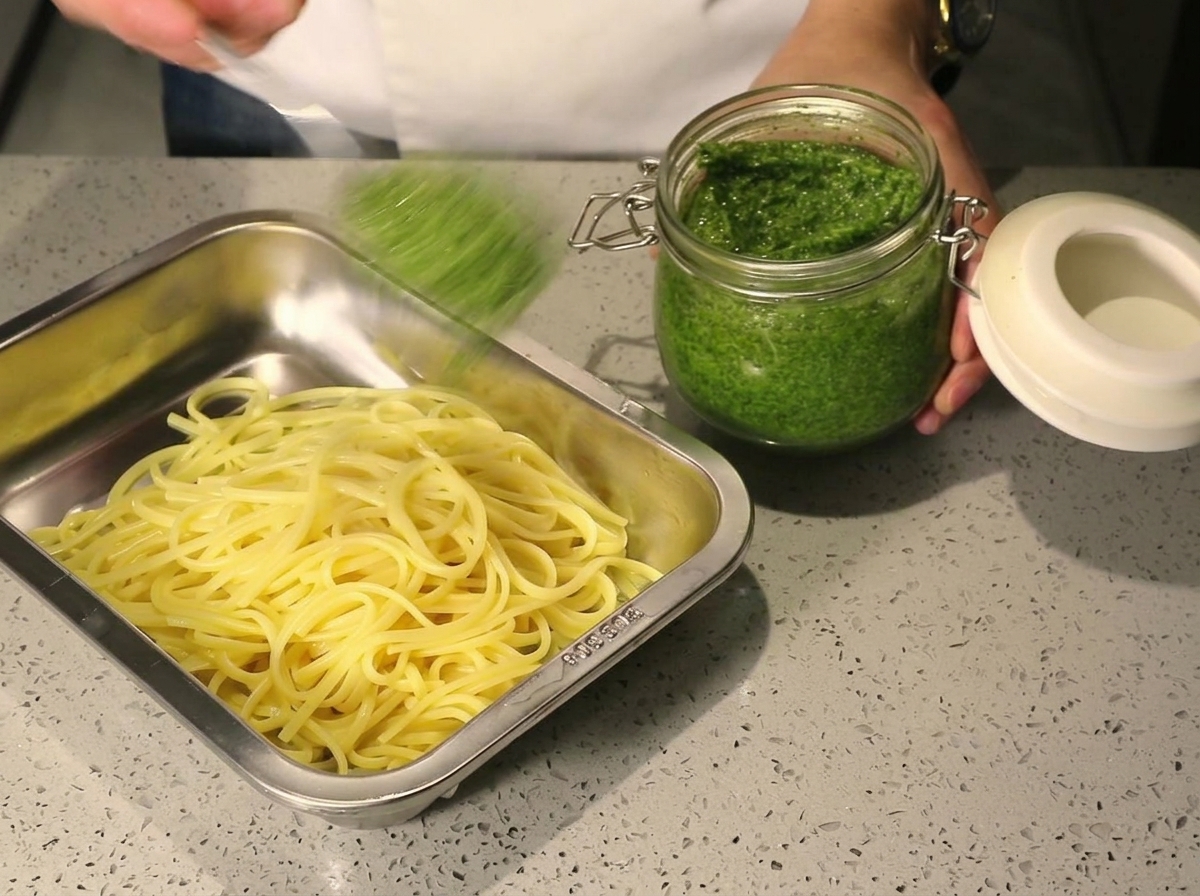 Ein großer Löffel grünes Pesto wird aus einem Glas auf frisch gekochte Spaghetti gegeben.