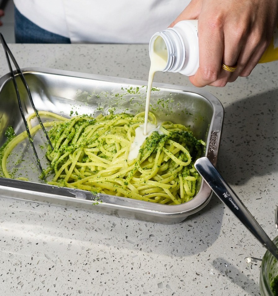 Weißer Joghurt wird über die mit Pesto vermengten Spaghetti in einer Metallform gegossen.