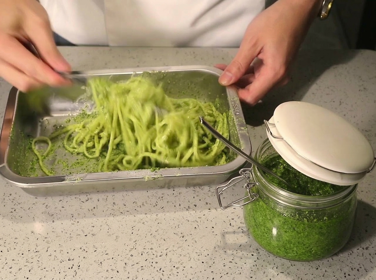 Spaghetti werden in einer Form intensiv mit der Pesto-Sauce vermengt, bis alle Nudeln grün glänzen.