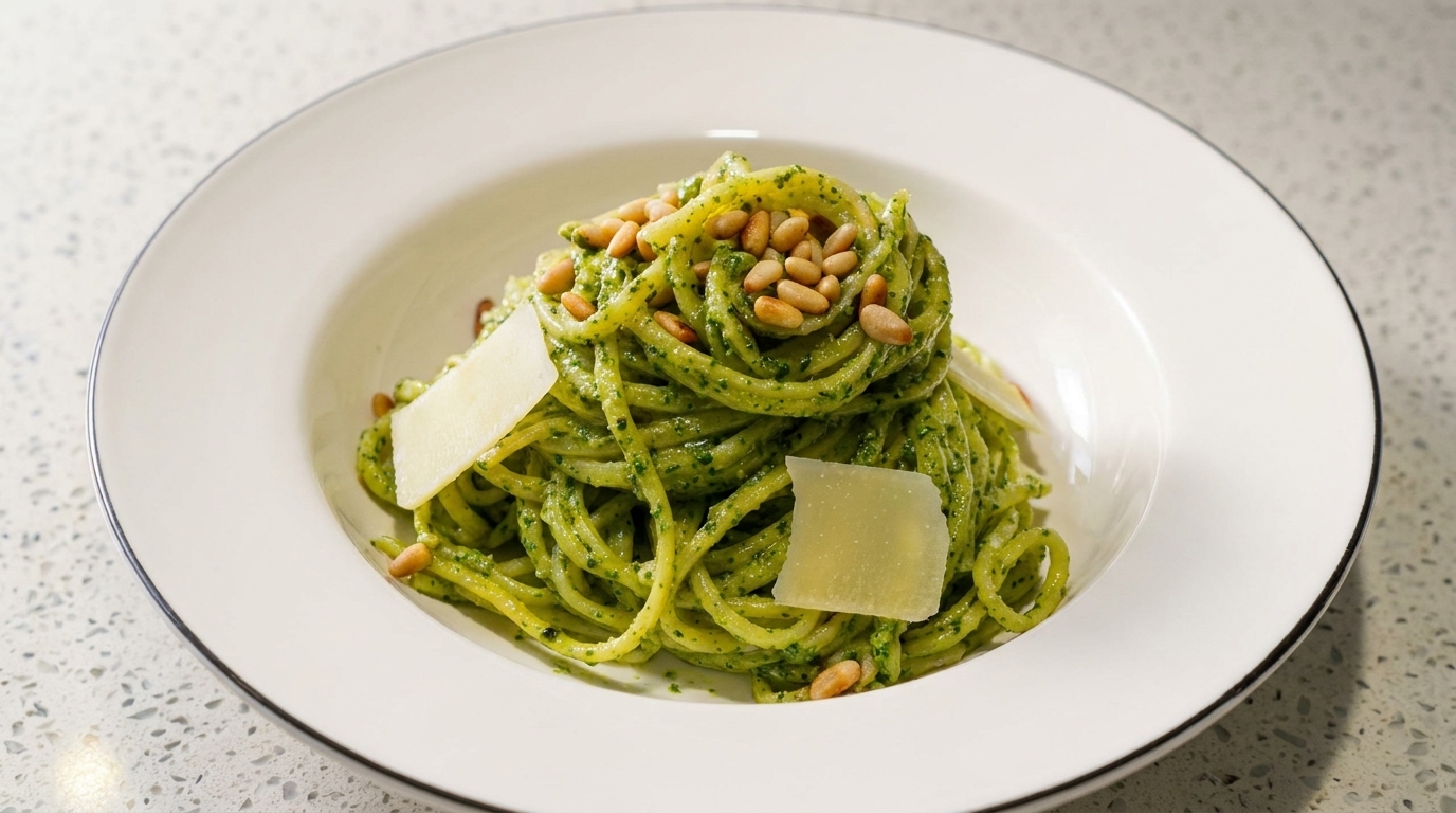 In 10 Minuten fertig: Pasta mit Basilikum-Pesto und Pinienkernen