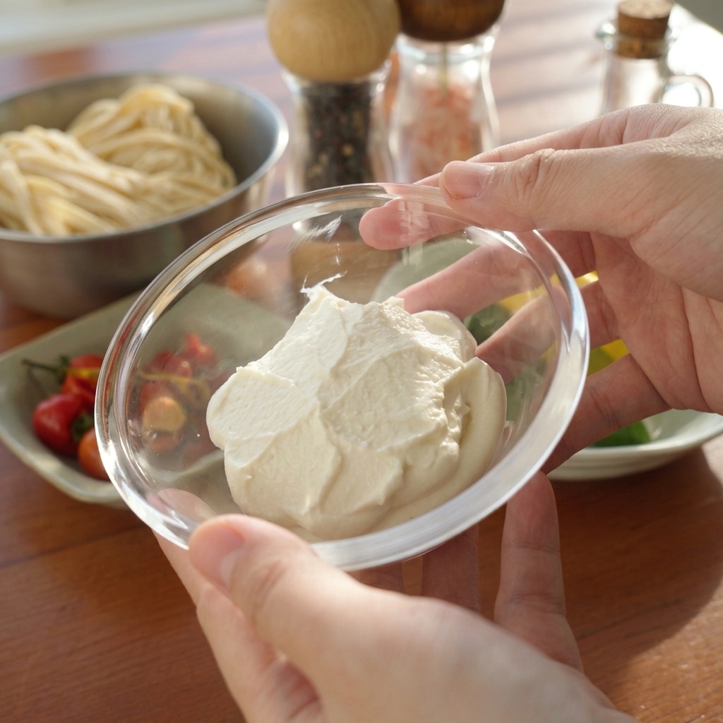 Zwei Hände halten eine kleine Glasschüssel mit dickem, cremeweißem Ricotta-Käse.