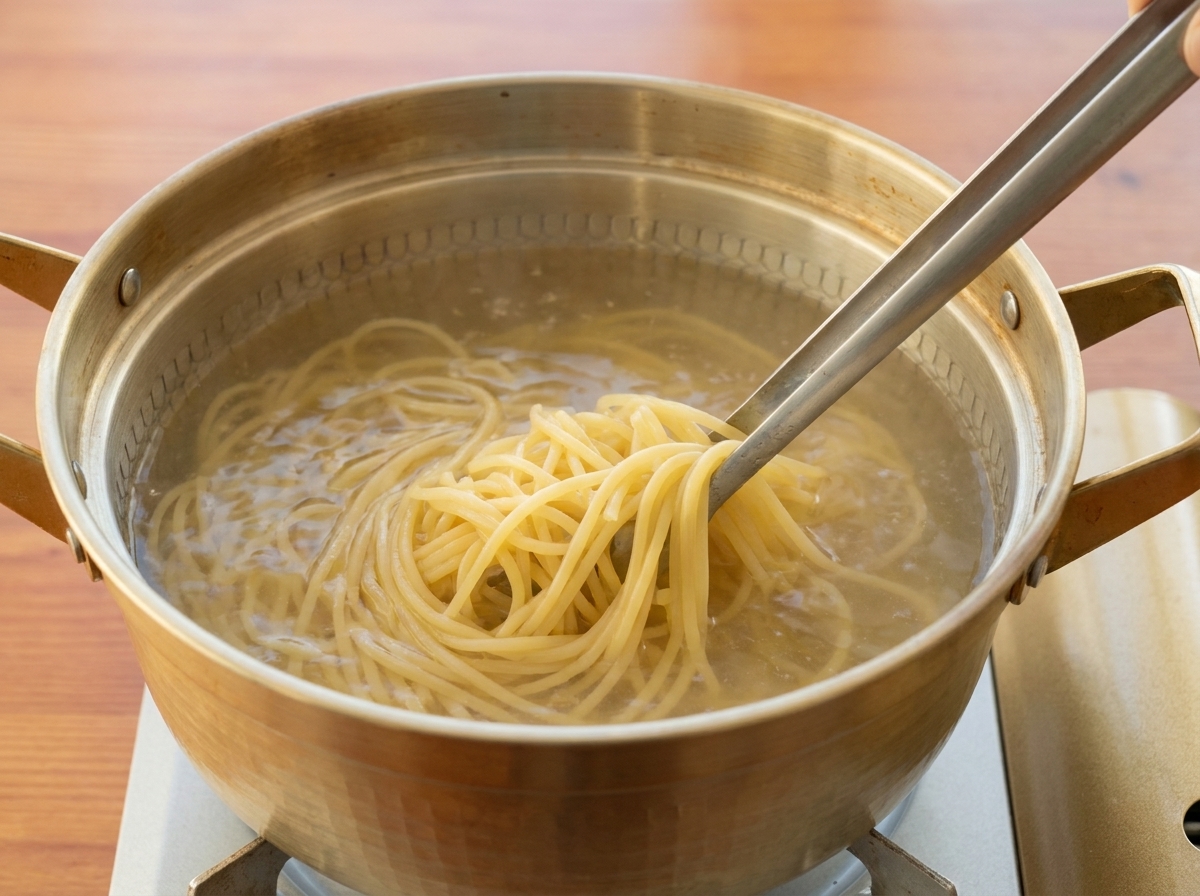 Lange Spaghetti-Stränge kochen in einem Edelstahltopf und werden mit einer Metallzange angehoben.