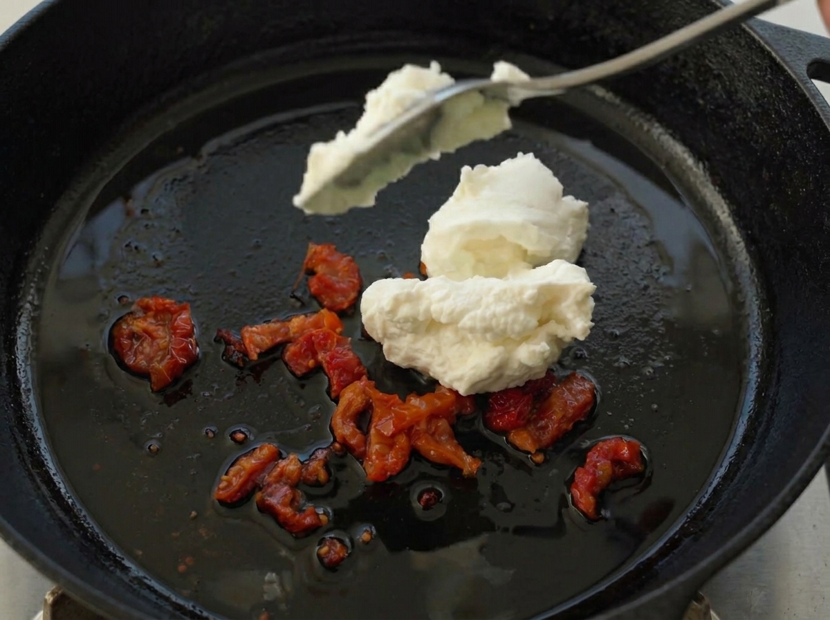 Zwei Löffel weißer Ricotta werden zu den gebratenen Tomaten in die Pfanne gegeben.