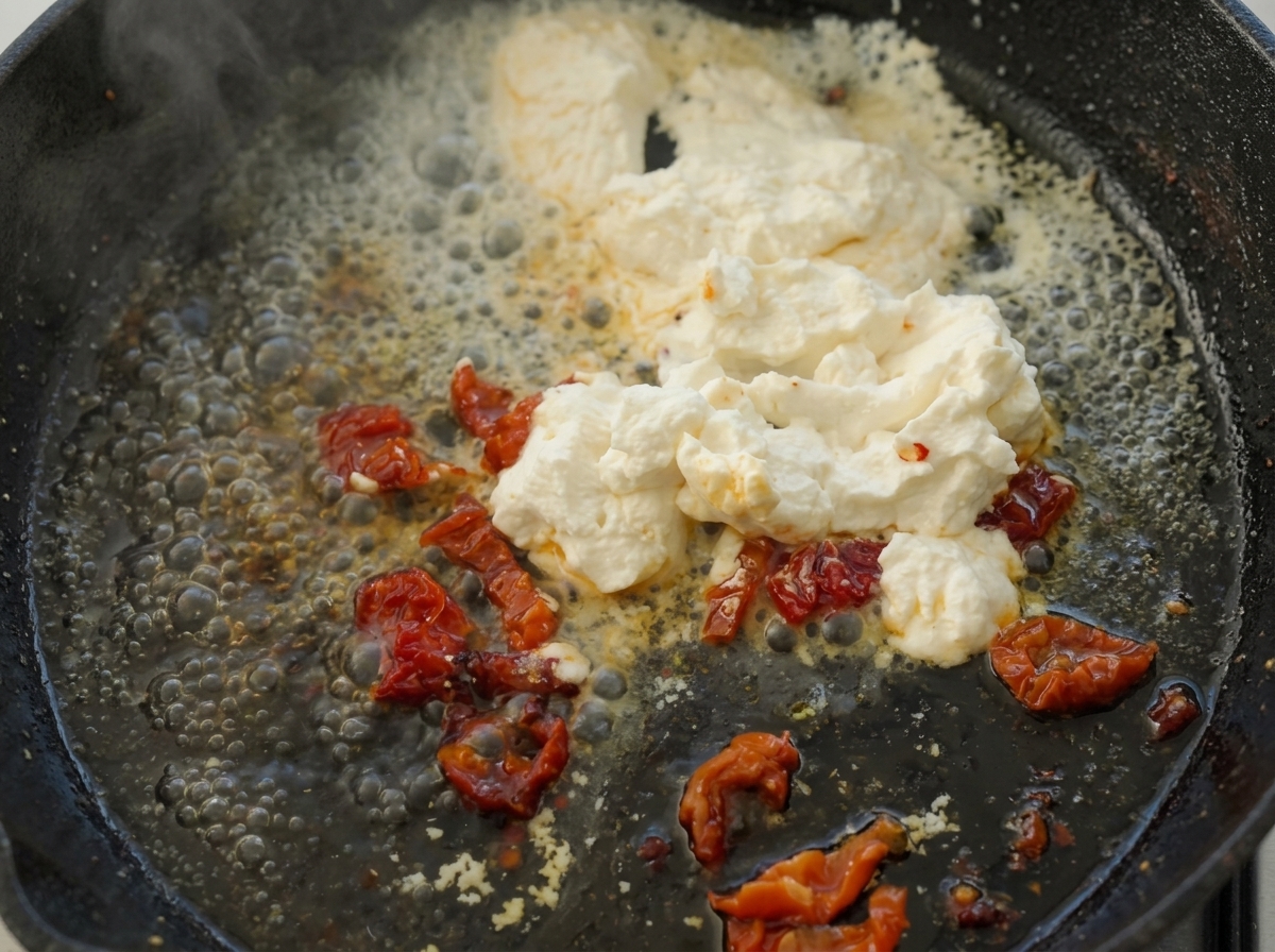 Ricotta schmilzt und vermischt sich mit den getrockneten Tomaten in einer köchelnden Pfanne.