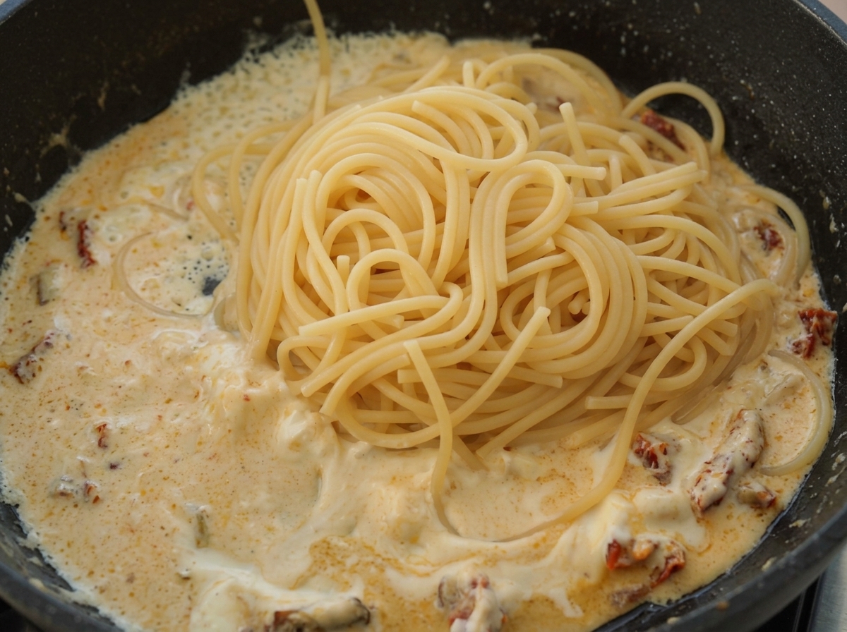 Ein Berg gekochter Spaghetti liegt auf der cremigen Sauce in der Pfanne.