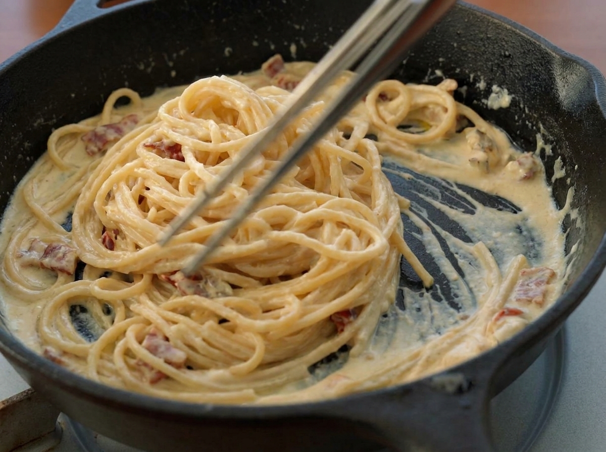 Spaghetti werden mit einer Metallzange in der cremigen Tomatensauce geschwenkt.